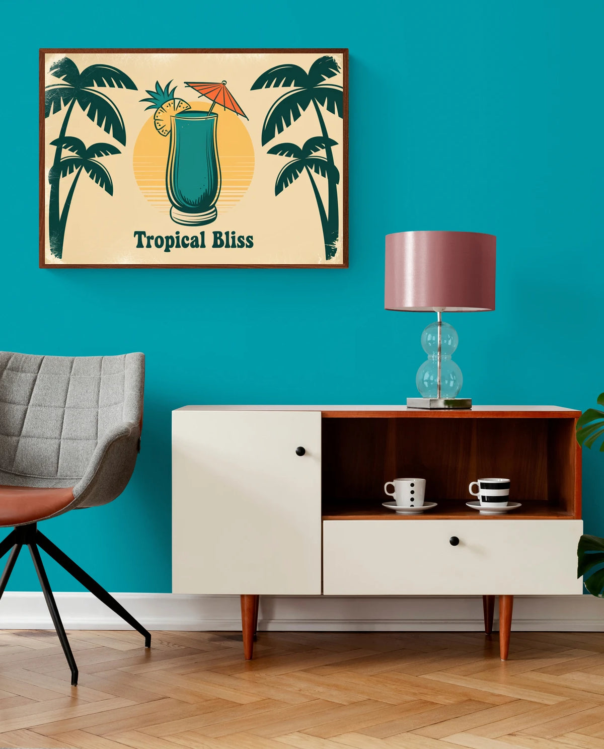 Mise en situation de Affiche boisson tropicale rétro avec cocktail et palmiers