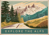 Affiche Explore the Alps route montagne enneigée rétro