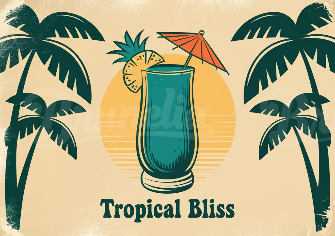 Affiche boisson tropicale rétro avec cocktail et palmiers