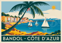 Affiche Bandol Côte d'Azur voiliers et palmier Art Déco