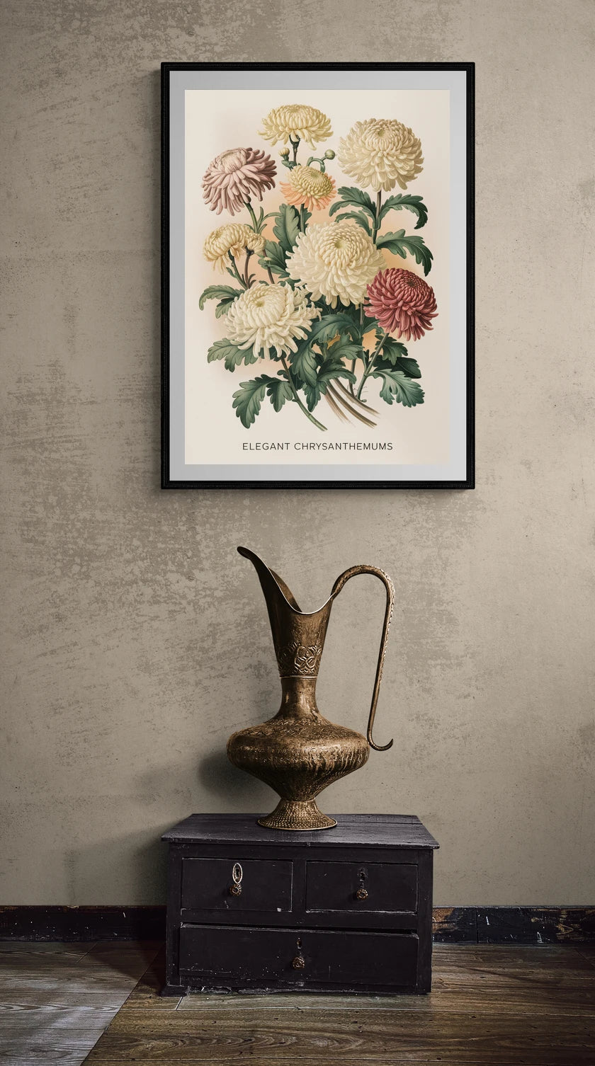 Mise en situation de Affiche chrysanthèmes illustration botanique vintage