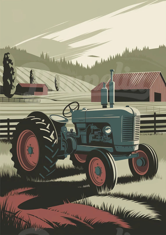 Affiche ferme et tracteur rétro