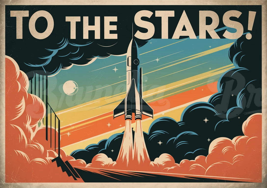 Affiche vintage lancement de fusée rétro