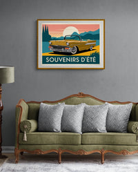 Affiche rétro Chevrolet cabriolet dorée coucher soleil