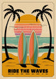 Affiche rétro planches de surf et coucher de soleil tropical