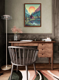 Affiche lac montagne au coucher de soleil pixelisé