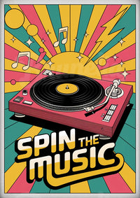 Affiche platine vinyle et soleil style pop art rétro
