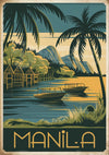 Affiche Manille vintage style art déco avec pirogues et cabanes