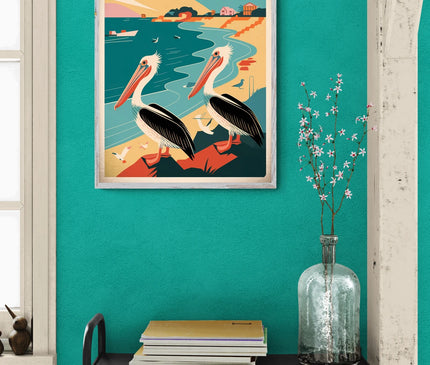 Affiche vintage pélicans et bord de mer