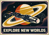 Affiche exploration spatiale rétrofuturiste et fusée interplanétaire