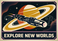 Affiche exploration spatiale rétrofuturiste et fusée interplanétaire