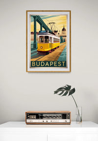 Affiche Budapest tramway jaune et pont vert art déco