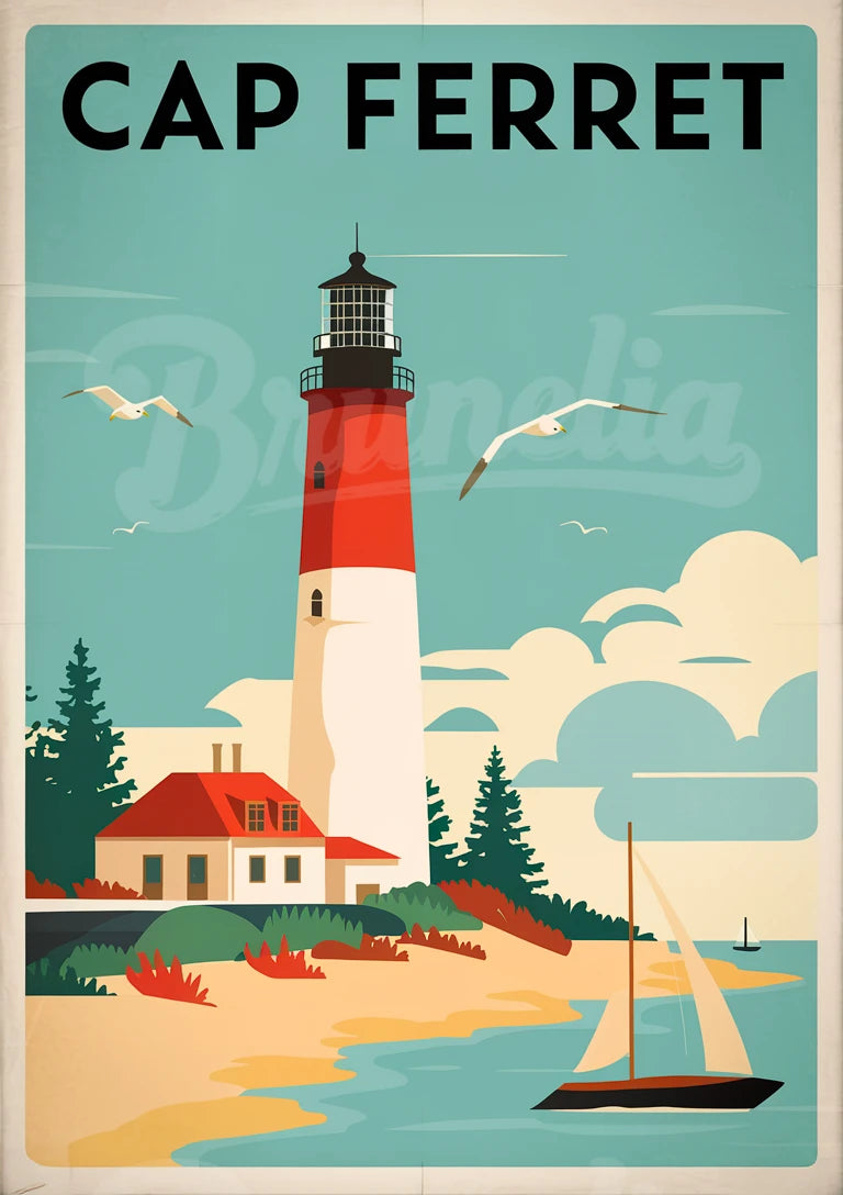 Affiche Cap Ferret phare côtier et voilier