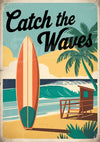 Affiche rétro surfeur et cabane de plage tropicale