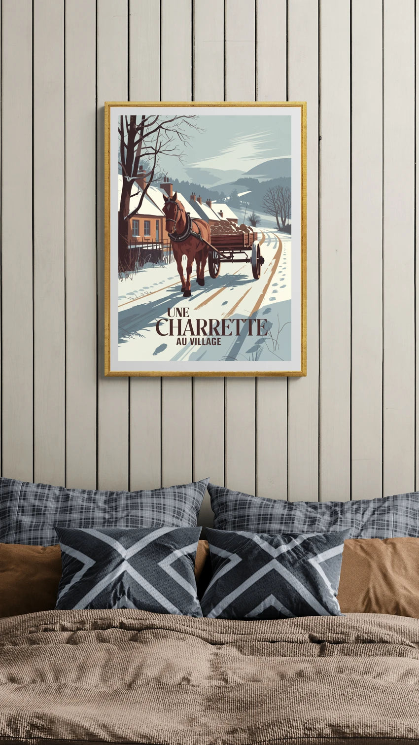 Affiche vintage charrette en bois et campagne