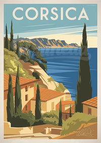 Affiche Corsica maison méditerranéenne et baie bleue