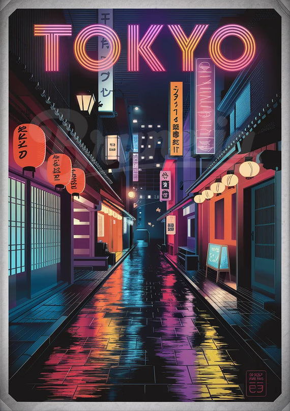 Affiche ruelles néon rétro Tokyo