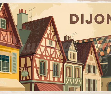 Affiche façades médiévales Dijon rétro 1