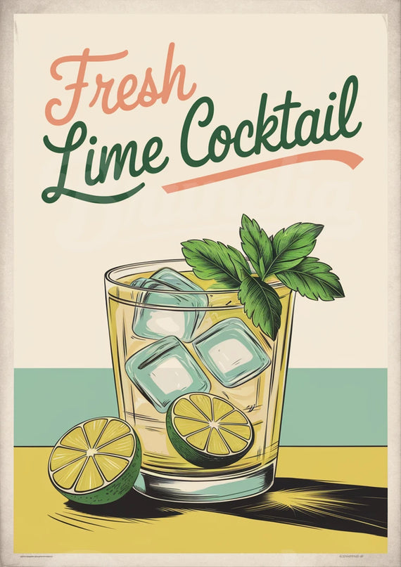 Affiche vintage citron vert et cocktail frais