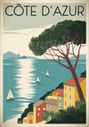 Affiche Côte d'Azur maisons colorées et voiliers style années 30