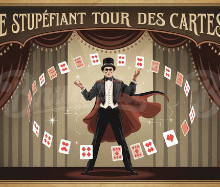 Affiche vintage magicien et tour de cartes