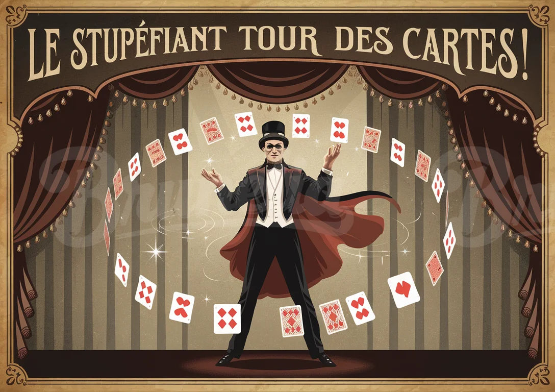 Affiche vintage magicien et tour de cartes