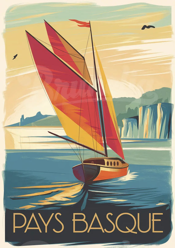 Affiche vintage bateau basque coloré