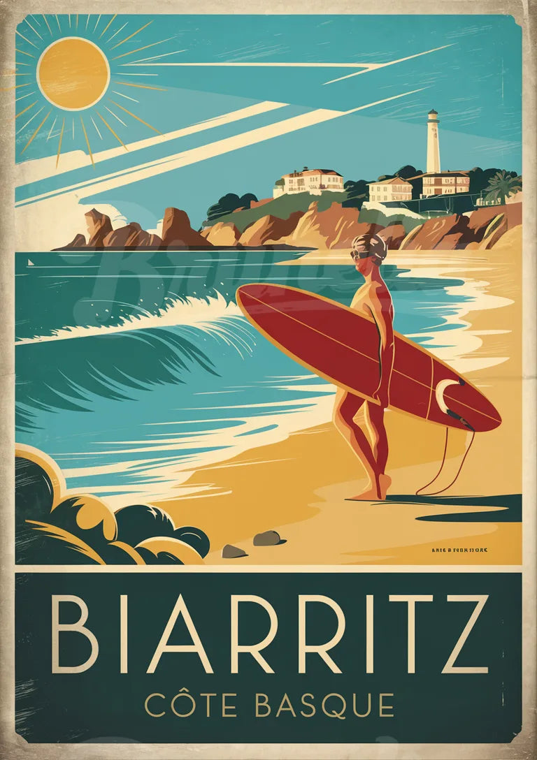 Illustration Biarritz, surfeuse et planche rouge face à l’océan