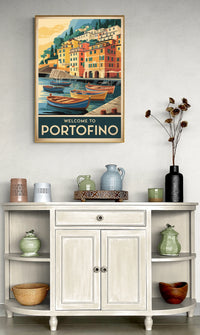 Affiche Portofino petit port italien bateaux colorés