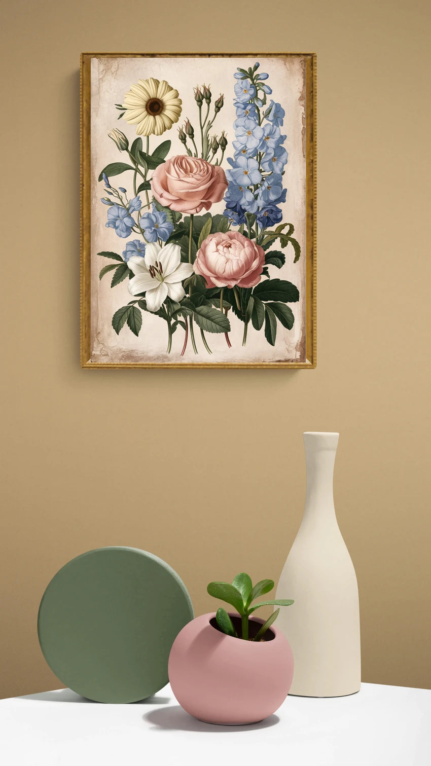 Affiche bouquet roses anciennes delphiniums lys patine en situation