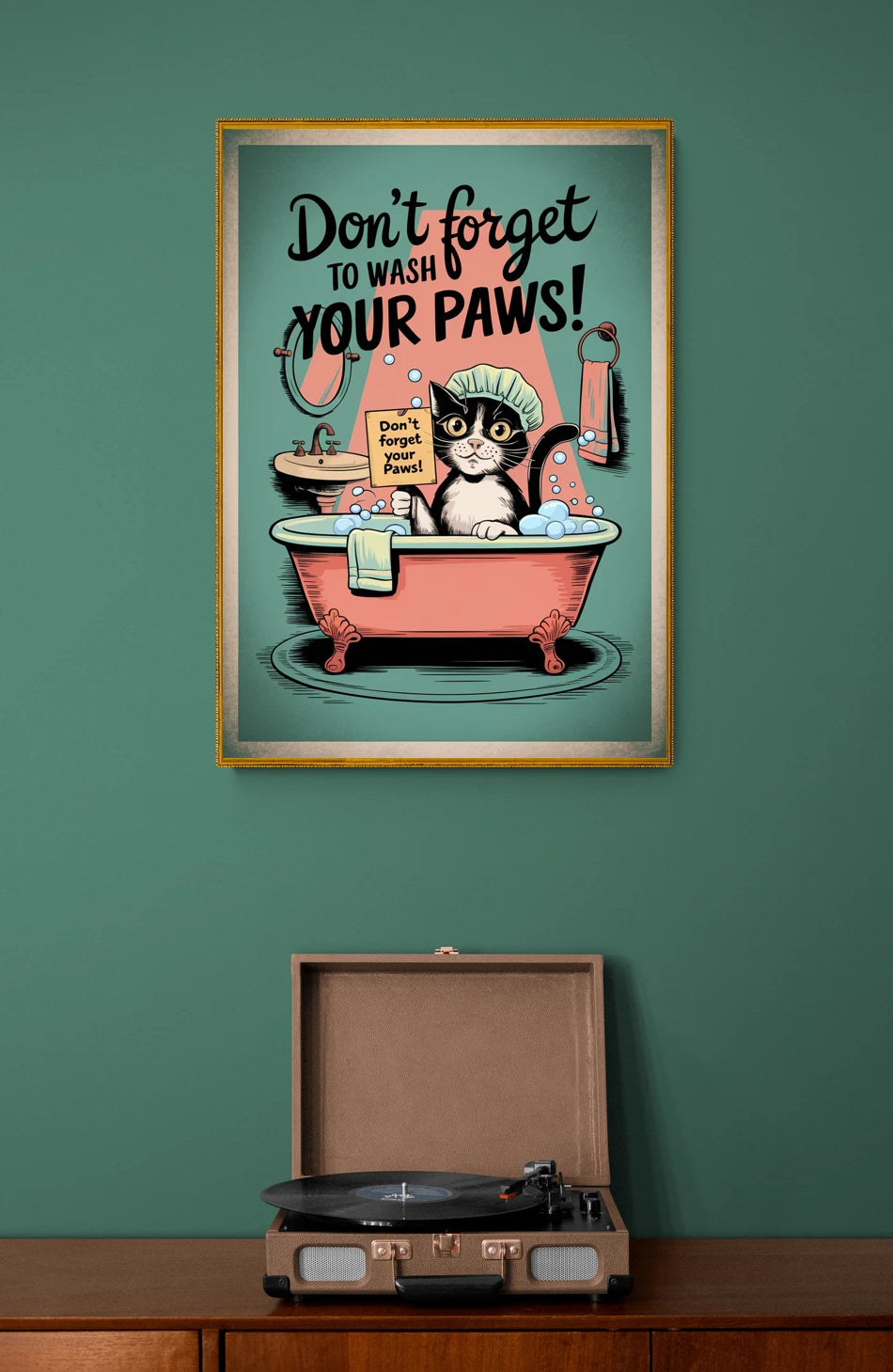Mise en situation de Affiche chat à la baignoire hygiène animaux vintage