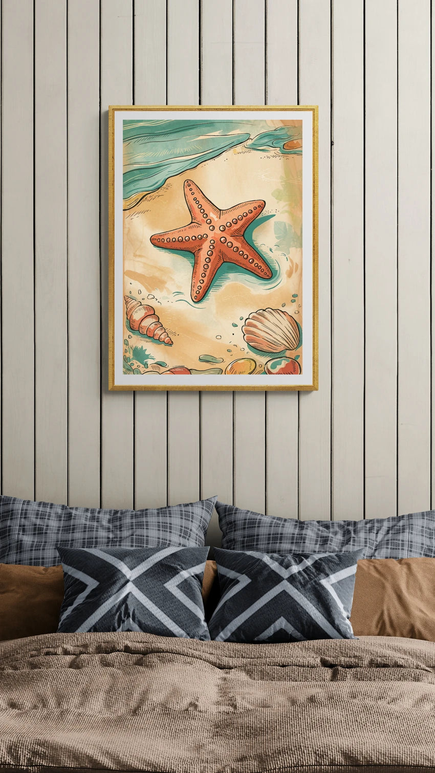 Mise en situation de Affiche étoile de mer et coquillages style rétro