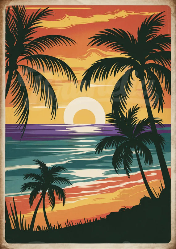 Affiche coucher de soleil plage vintage