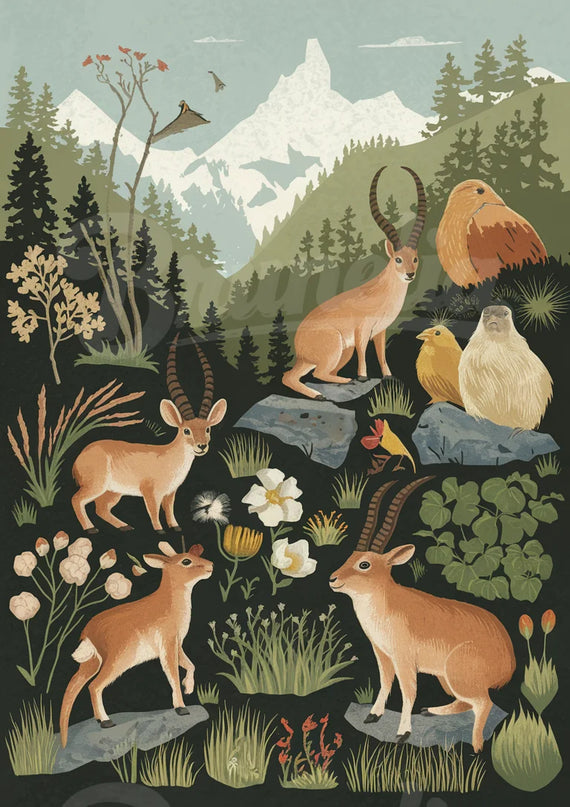 affiche faune et flore de montagne vintage