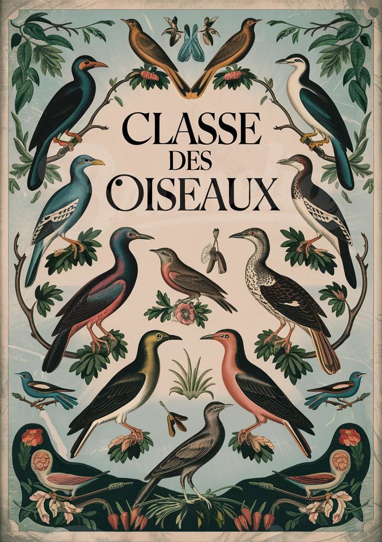 Affiche classification ornithologique oiseaux exotiques