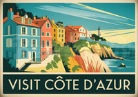Affiche Côte d'Azur maisons colorées falaises méditerranéennes