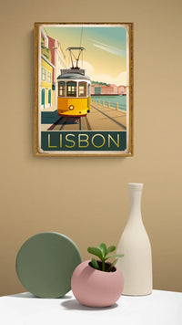 Affiche Tramway jaune rétro art déco Lisbonne