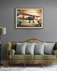 Affiche Biplan hangar Art Déco rétro Avion