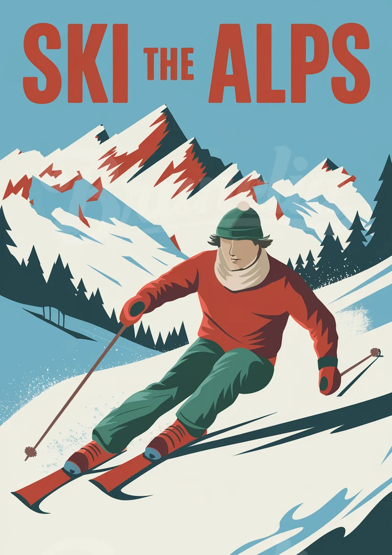 Affiche sportive d'hiver skieurs montagne enneigée
