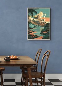 Affiche paysage tropical rocheux Art Déco
