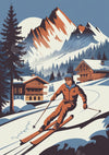 Affiche descente de ski en montagne enneigée style rétro