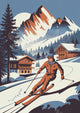 Affiche descente de ski en montagne enneigée style rétro