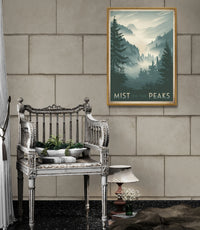 Affiche forêt montagneuse brumeuse style rétro
