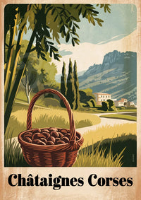 Affiche Châtaignes Corses panier fruits vintage