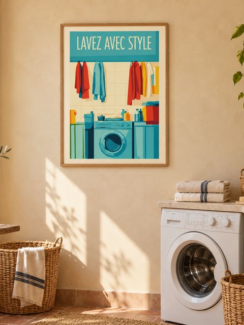 Affiche buanderie vintage accrochée dans un intérieur