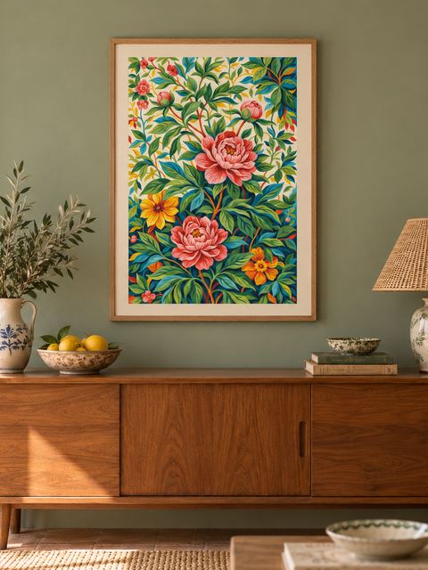 Affiche fleurs vintage accrochée dans un intérieur