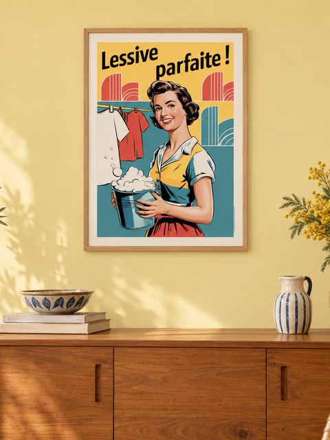 Affiche publicitaires vintage accrochée dans un intérieur