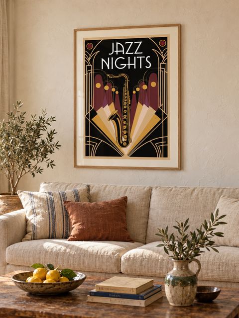 Affiche salon vintage accrochée dans un intérieur