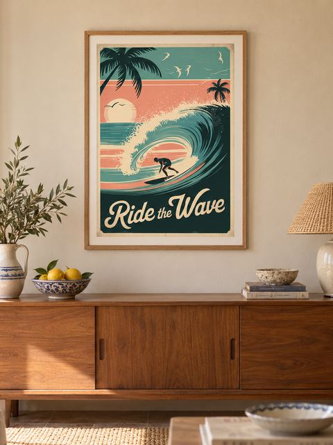Affiche surf vintage accrochée dans un intérieur