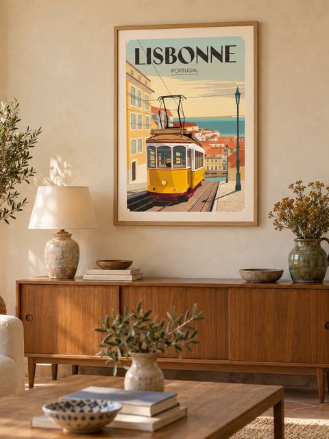 Affiche villes du monde vintage accrochée dans un intérieur